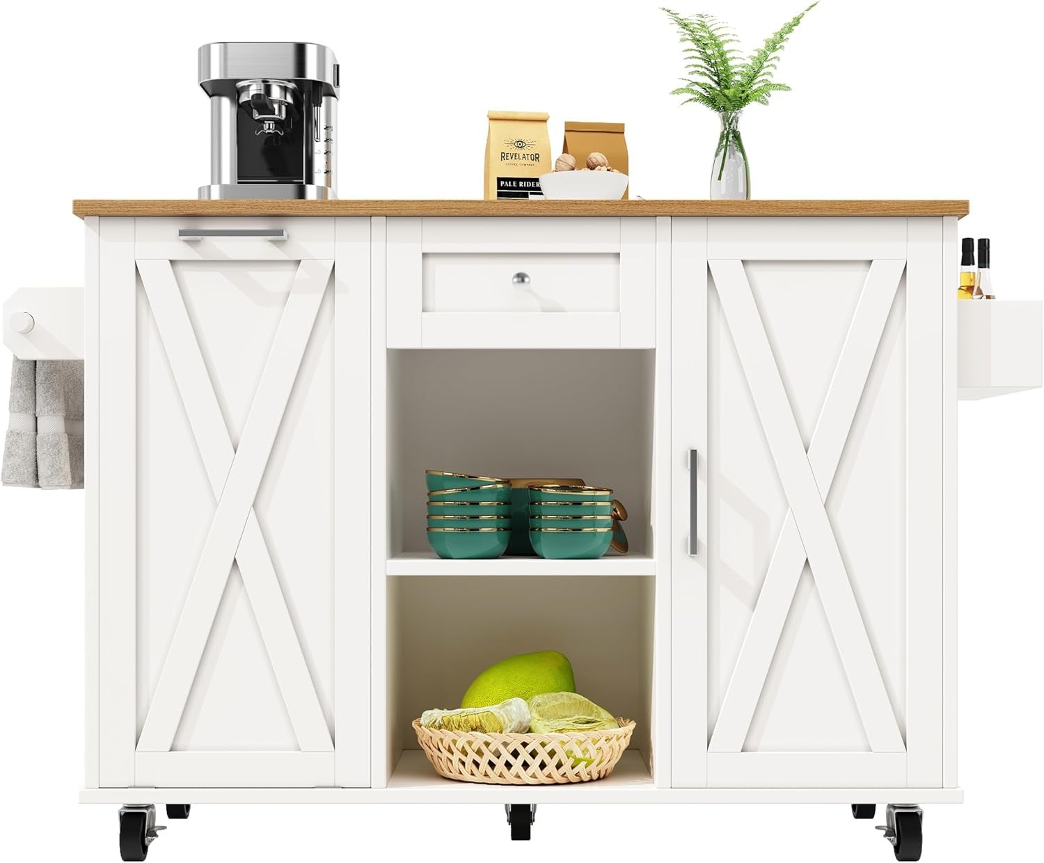 Kitchen Island Trolley on Wheels Expandable Worktop Drawer Storage White