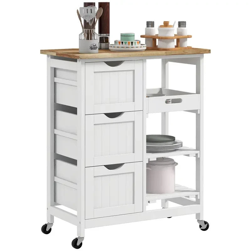 White Kitchen Island Cart with Drawers Shelves Tray & Wood Top on Wheels