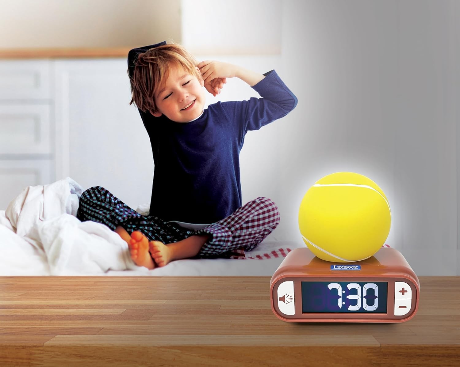 Kids Tennis Ball Alarm Clock Yellow Night Light LCD Snooze Sounds