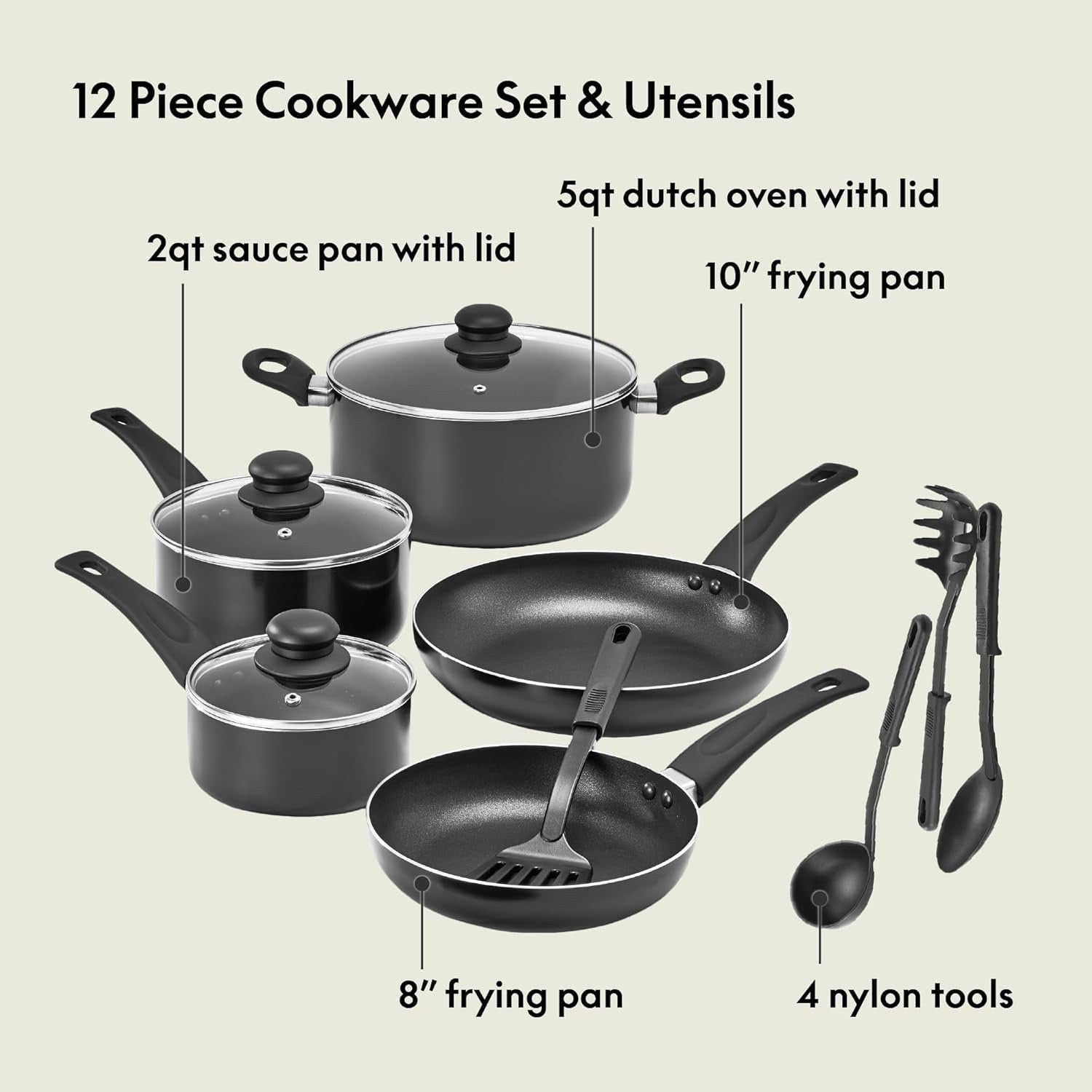 12pcs Non Stick Cookware Set with Utensils – Scratch Resistant Pots & Pans