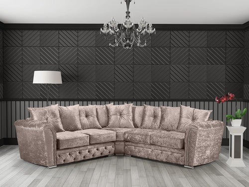 Mink Crushed Velvet Corner Sofa 5 Seater L Shape Chesterfield Suite