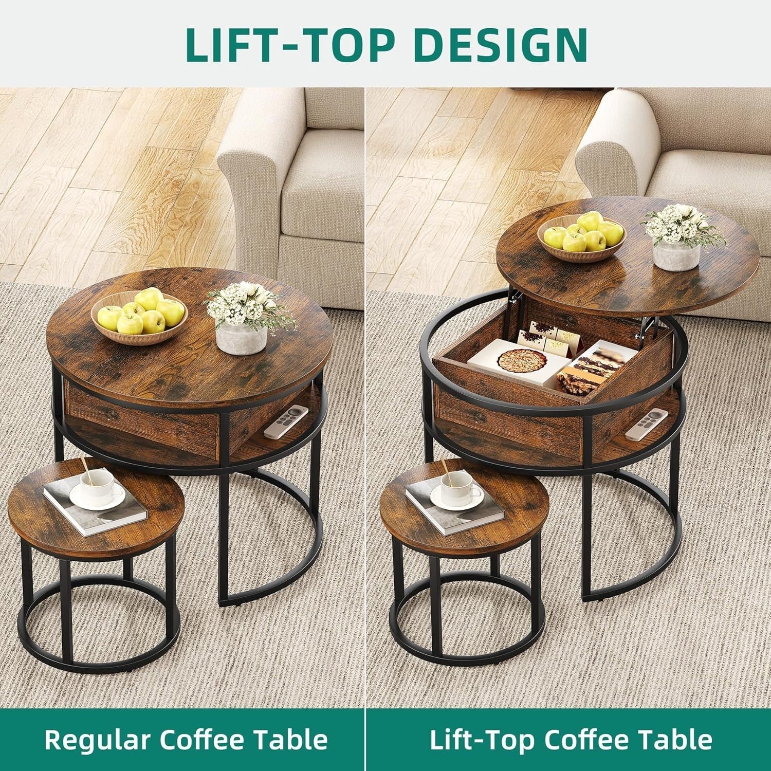 Lift Top Coffee Table Set of 2 Brown Wood Round Nesting Storage Side End