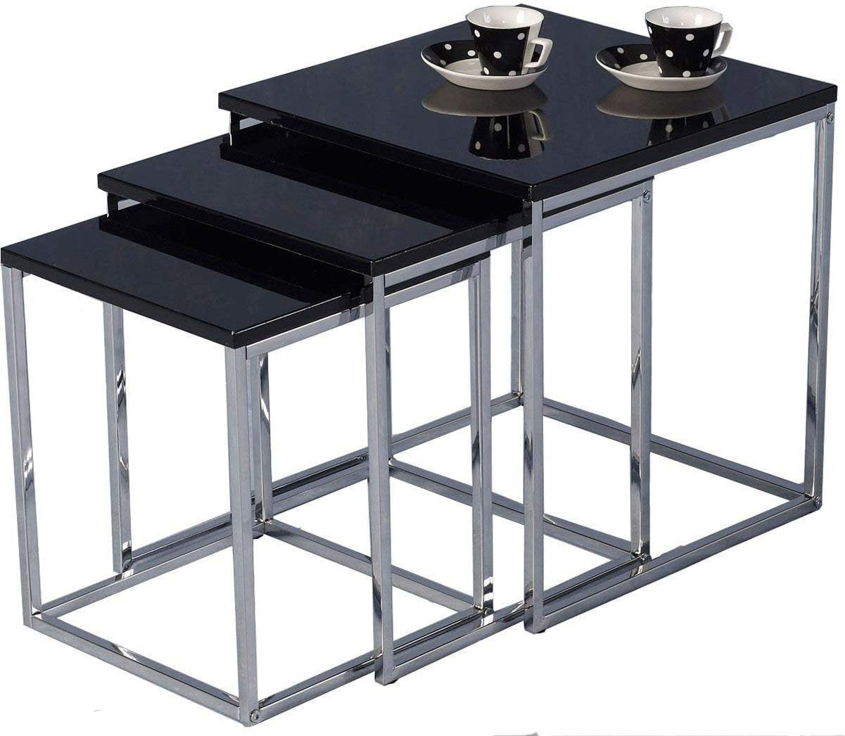3pc Modern Black Glass Nesting Coffee Tables Set Metal Legs Side End Home Office