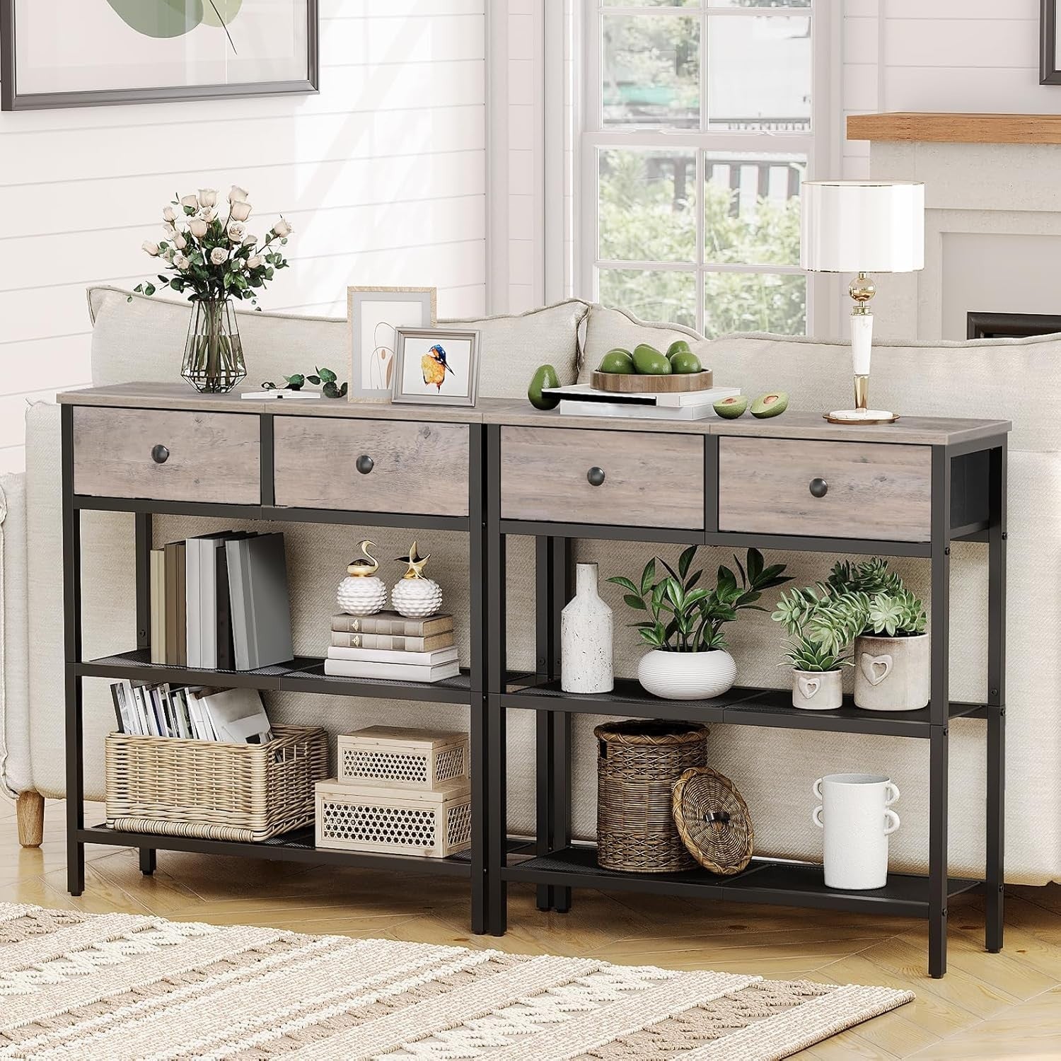 Slim Console Table with 2 Drawers, Storage Shelves, Adjustable Feet, Industrial