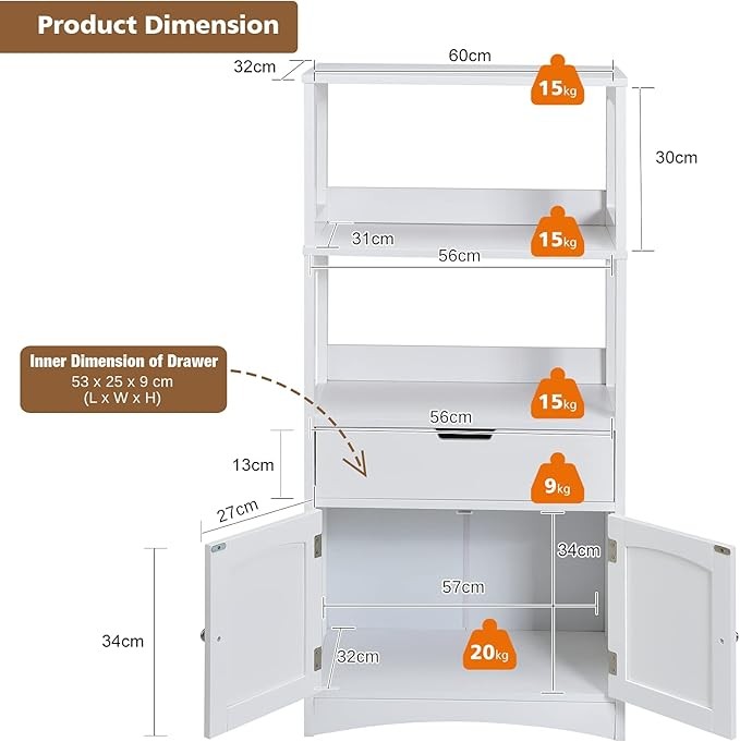 White Wooden Storage Cabinet Freestanding Unit with Shelves Drawer Cupboard