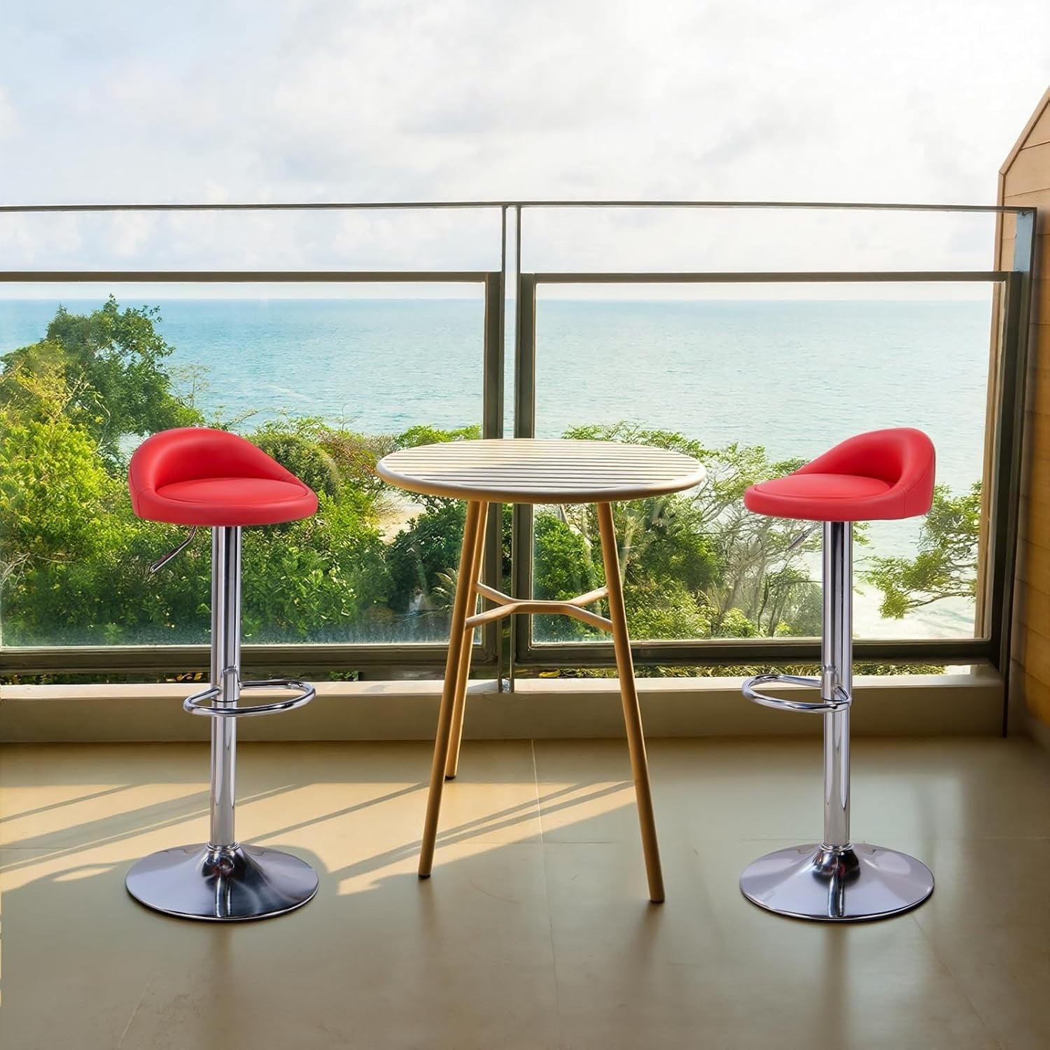 Red Faux Leather Bar Stool Set of 2 Round Armless Adjustable Swivel Chairs