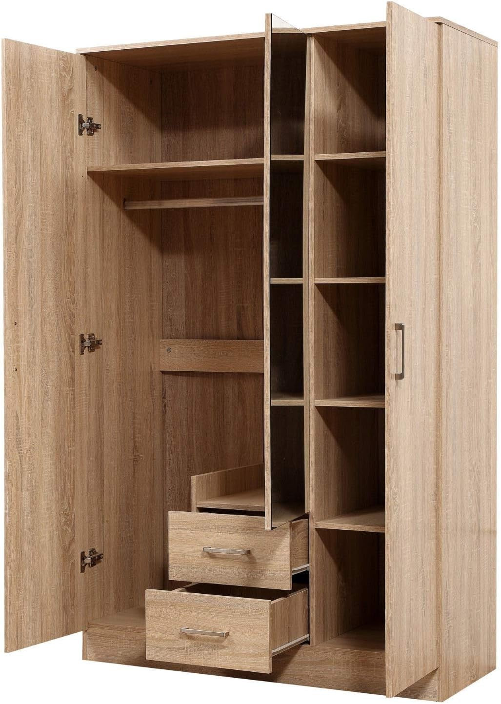 3 Door Wardrobe Mirror Soft Close Drawers Oak Finish Bedroom Storage