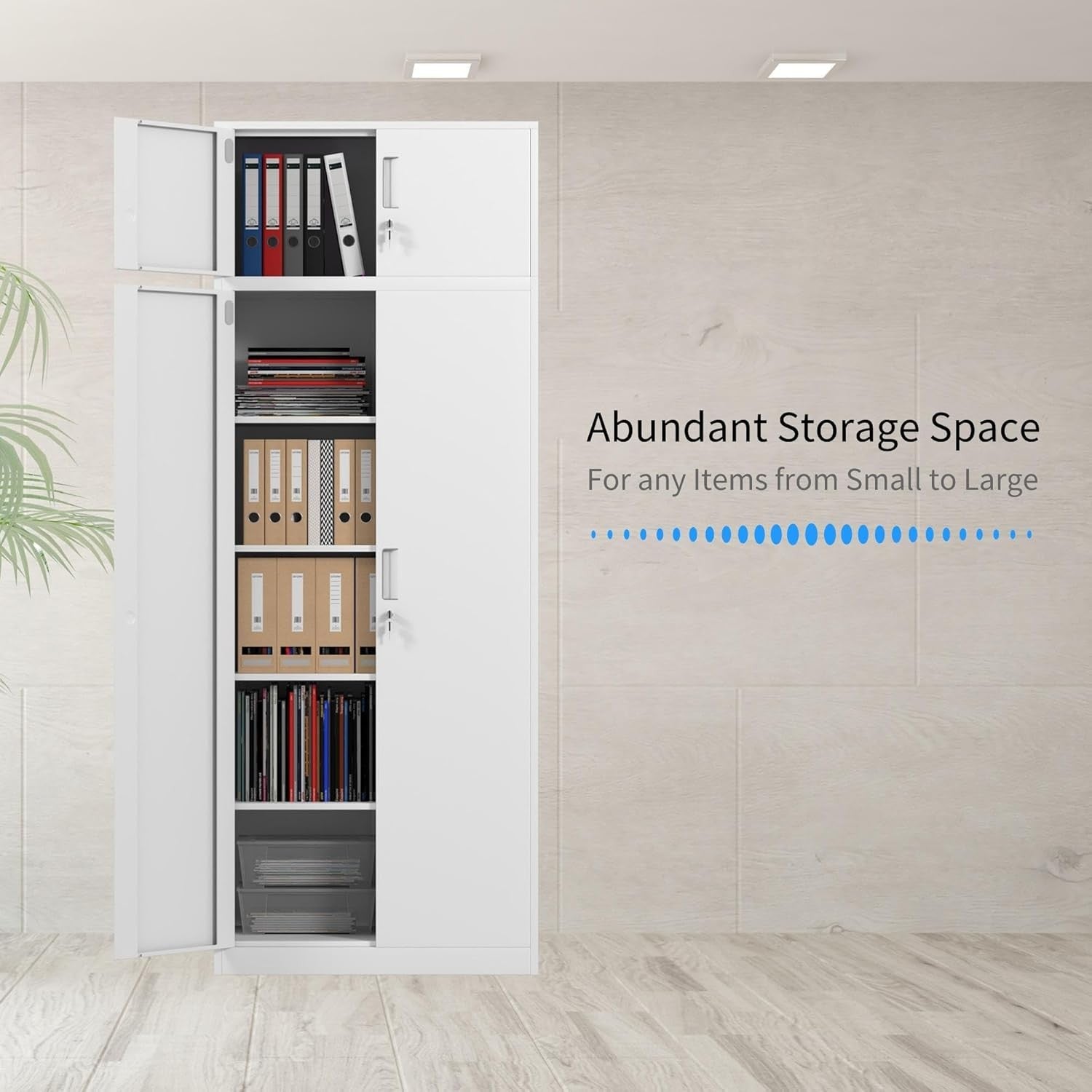 Tall White Metal Storage Cabinet with Lockable Doors 4 Adjustable Shelves