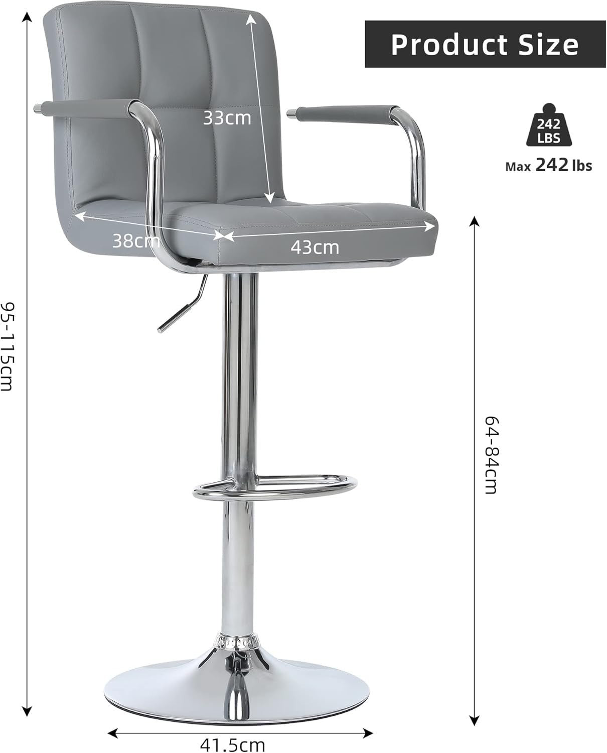 2PCS Silver Grey Adjustable Cuban Bar Stools PU Leather Arms
