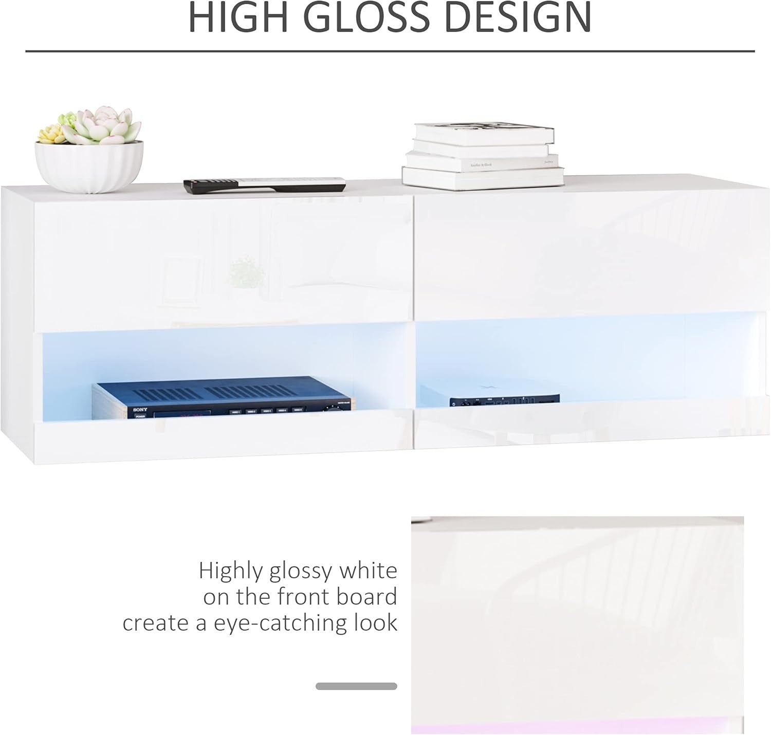 LED Floating TV Unit Wall Mounted Cabinet High Gloss for 42" TVs Storage