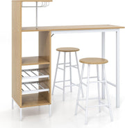 Natural Bar Table Set with Stools, Wine Rack, Shelves & Counter Dining Unit