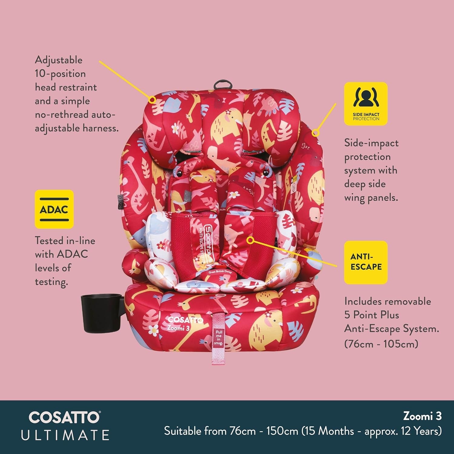 i-Size ISOFIX Child Car Seat 76–150cm Adjustable Headrest Impact