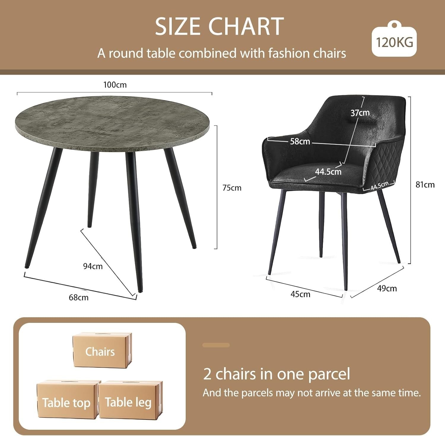 Round Grey Marble Dining Table Set with 2 Black Faux Suede Chairs Kitchen