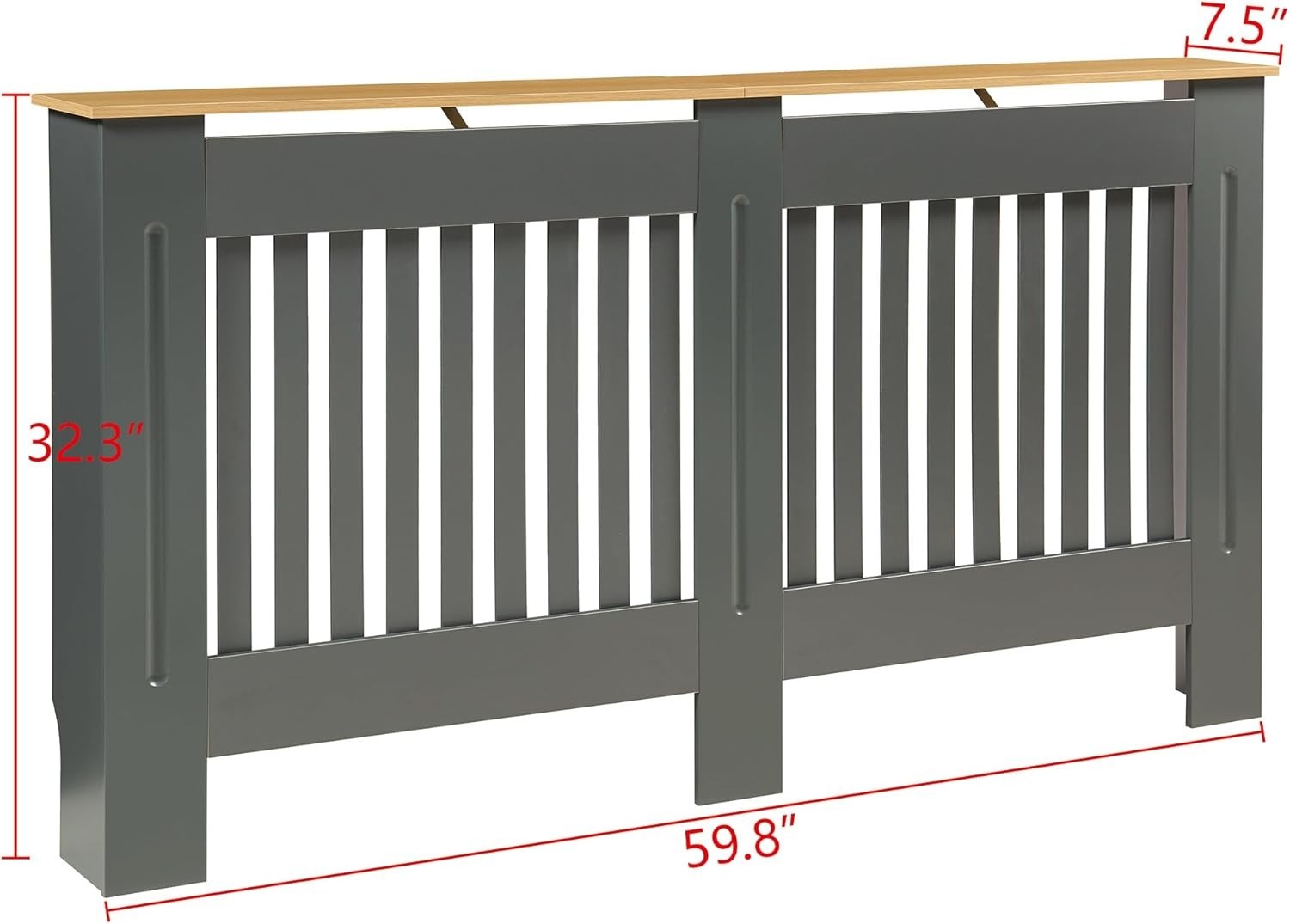 Grey Radiator Cover 152cm Large Wooden Cabinet with Slatted Grill & Wood Top