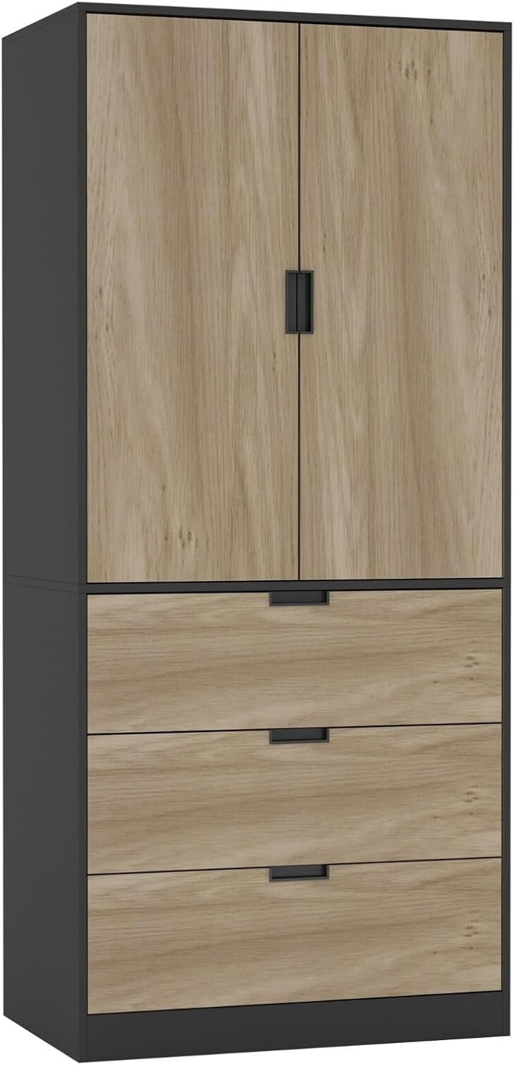 Modern 2 Door Wardrobe Oak Effect with 3 Drawers Hanging Rail 180cm