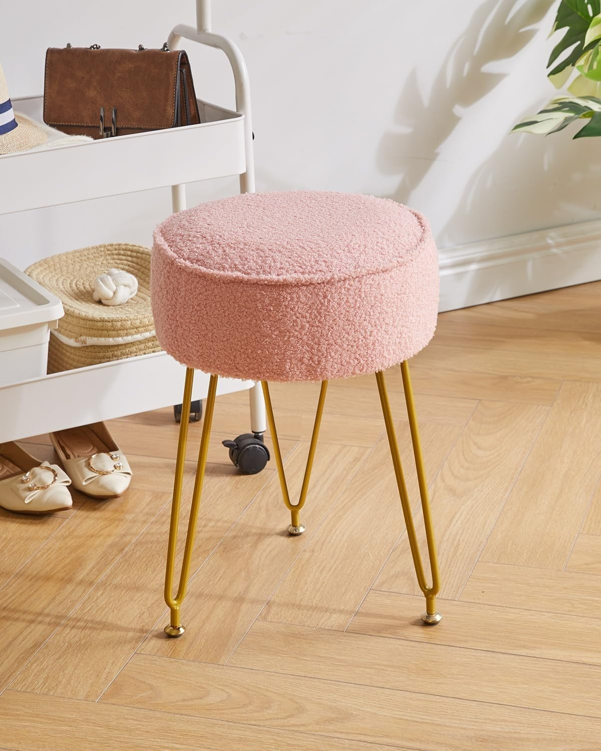 Velvet Round Footrest Ottoman – Cream White Vanity Stool with Steel Legs