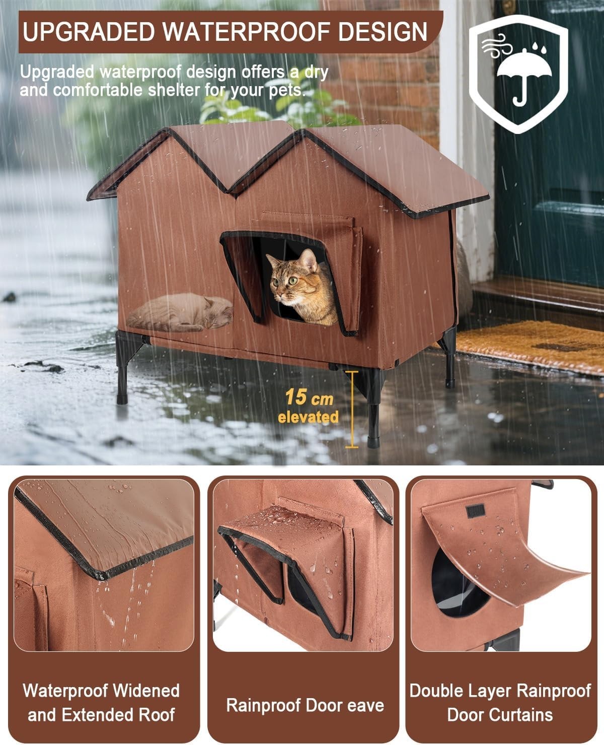 Waterproof Outdoor Cat House Large Kennel with Elevated Base & Cushion
