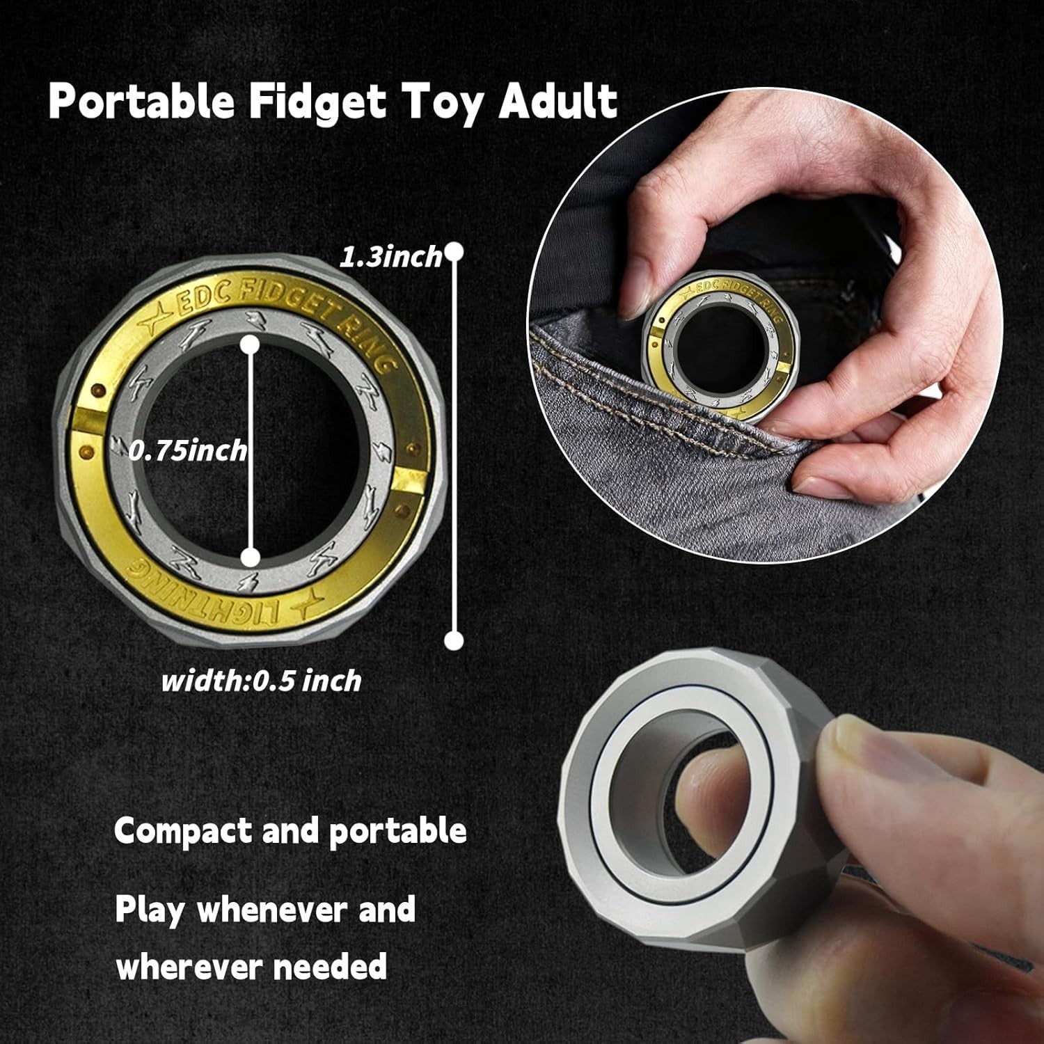Stainless Steel Fidget Ring Spinner Silent Click Stress Relief EDC