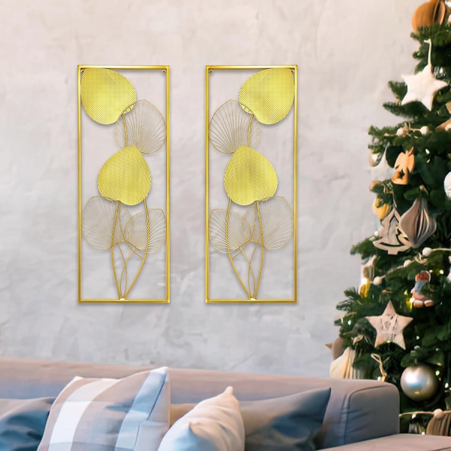 2Pcs Gold Metal Leaf Wall Art 32x12in Framed Panels