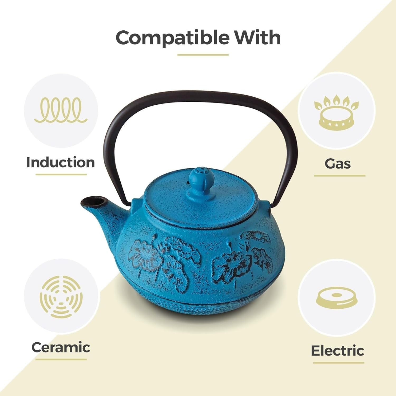 Cast Iron Teapot 900ml Tea Pot w/ Infuser Blue Floral Tetsubin Style