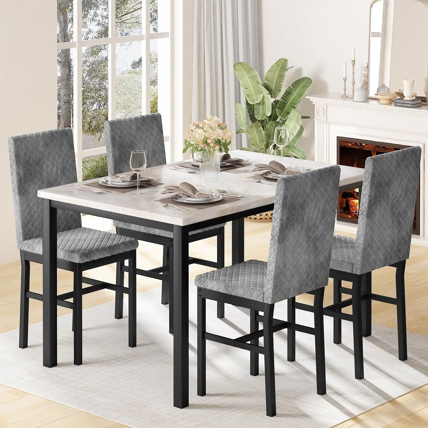 Faux Marble Dining Table & 4 Upholstered Chairs Set Space-Saving Design (Gray)