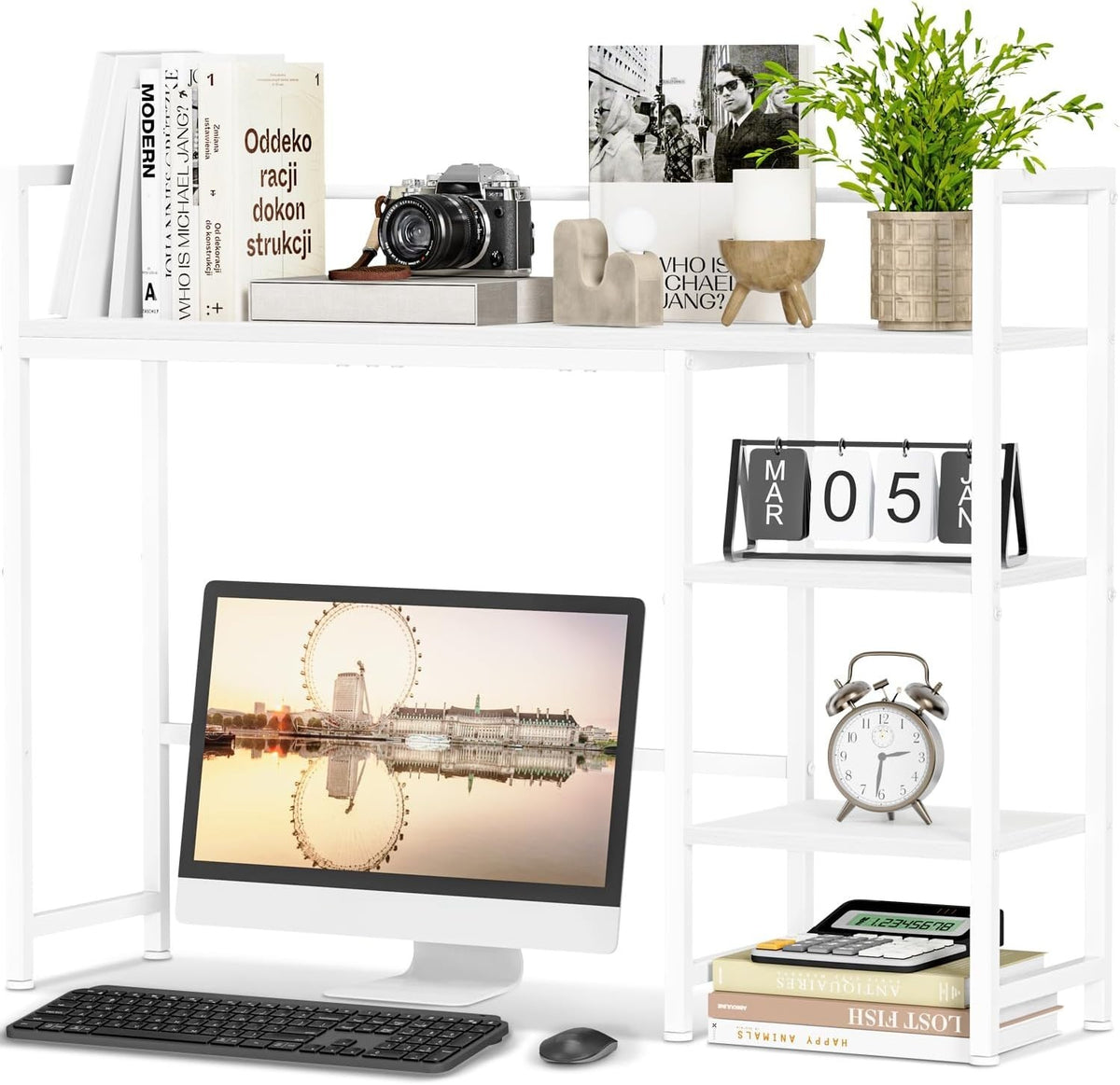 White Desk Hutch Shelf 4-Tier 38.6" Desktop Organizer Monitor Storage Rack