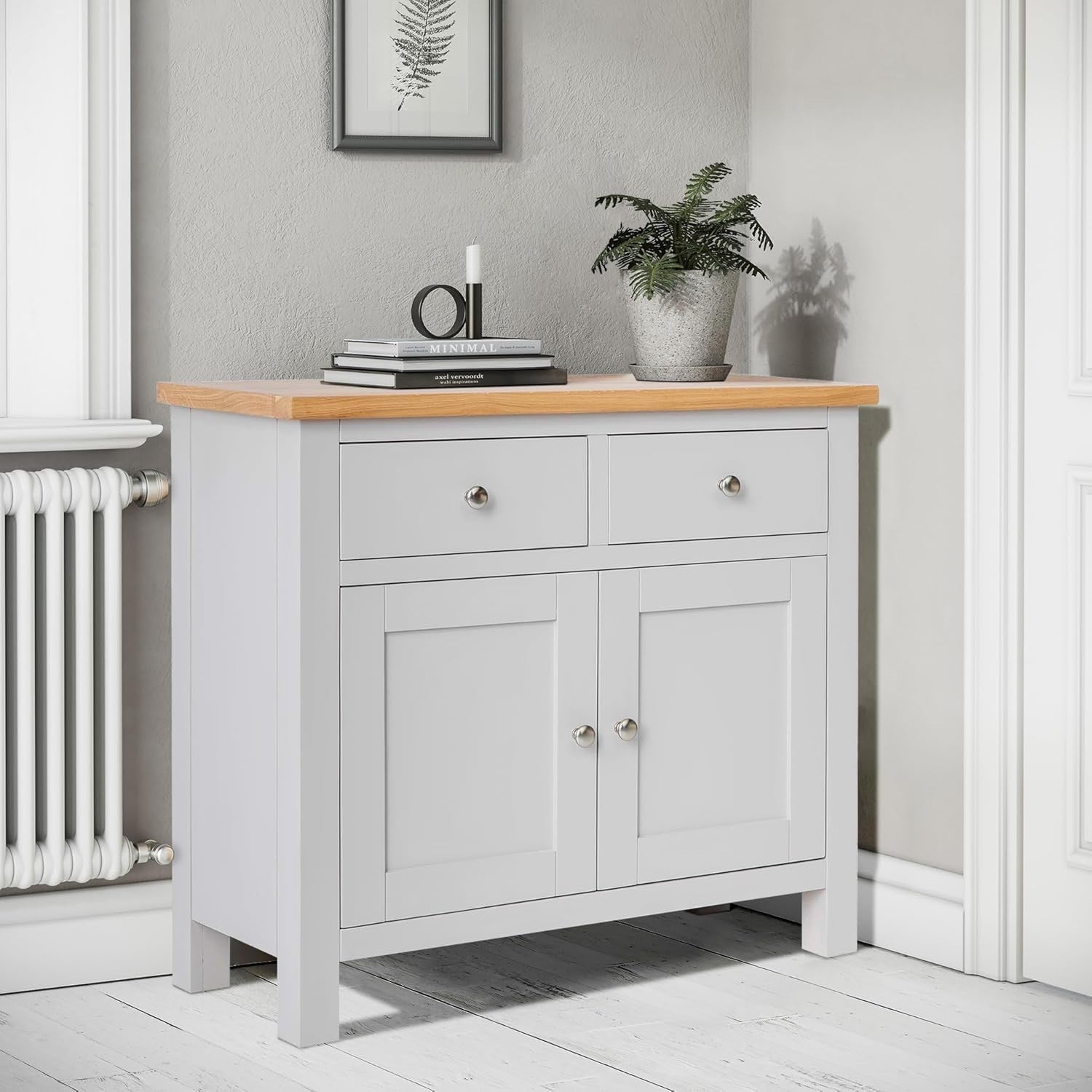 Solid Wood Grey Sideboard Cabinet with 2 Drawers & Oak Top for Hallway