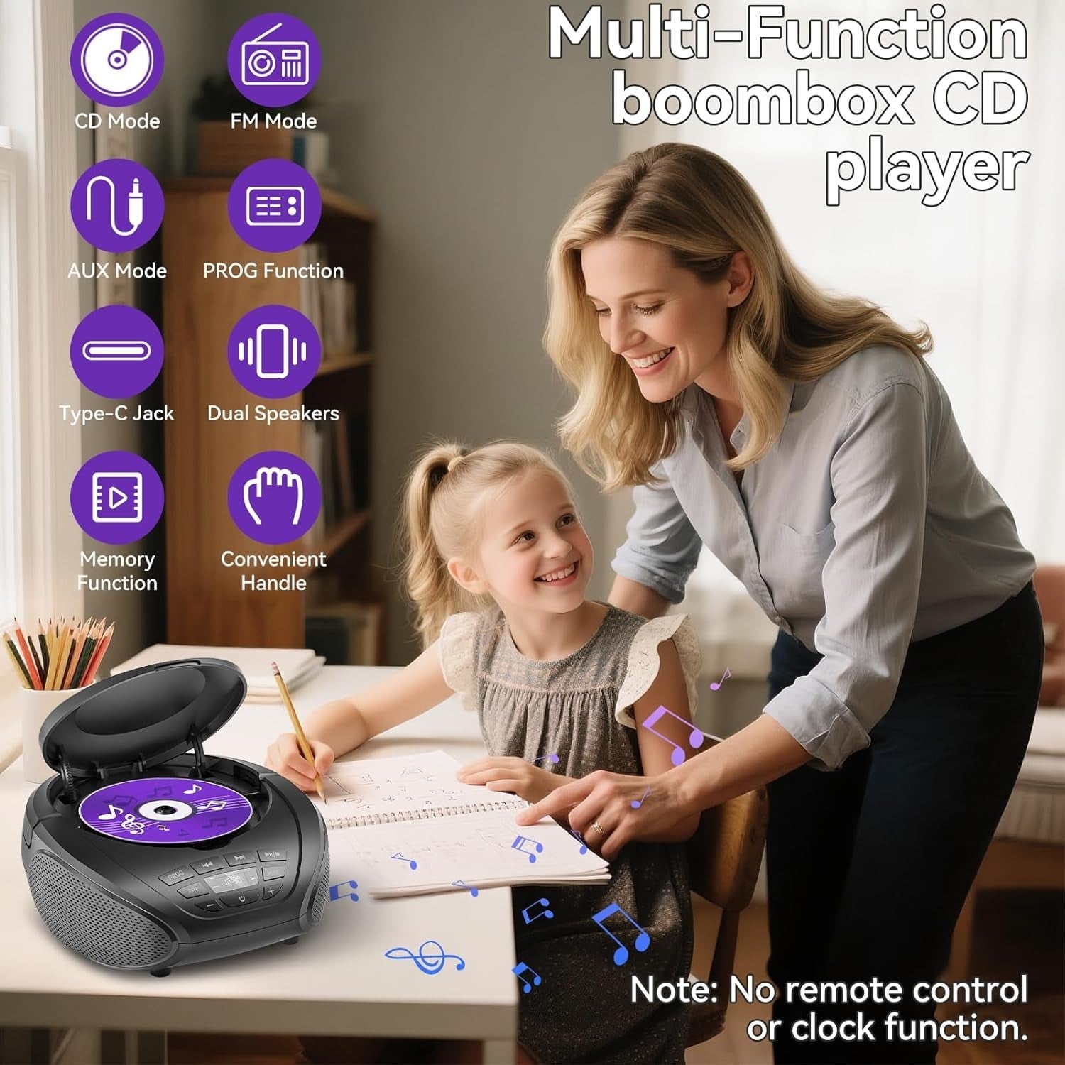 Portable CD Player Boombox Speakers FM Radio AUX Headphone Jack Black