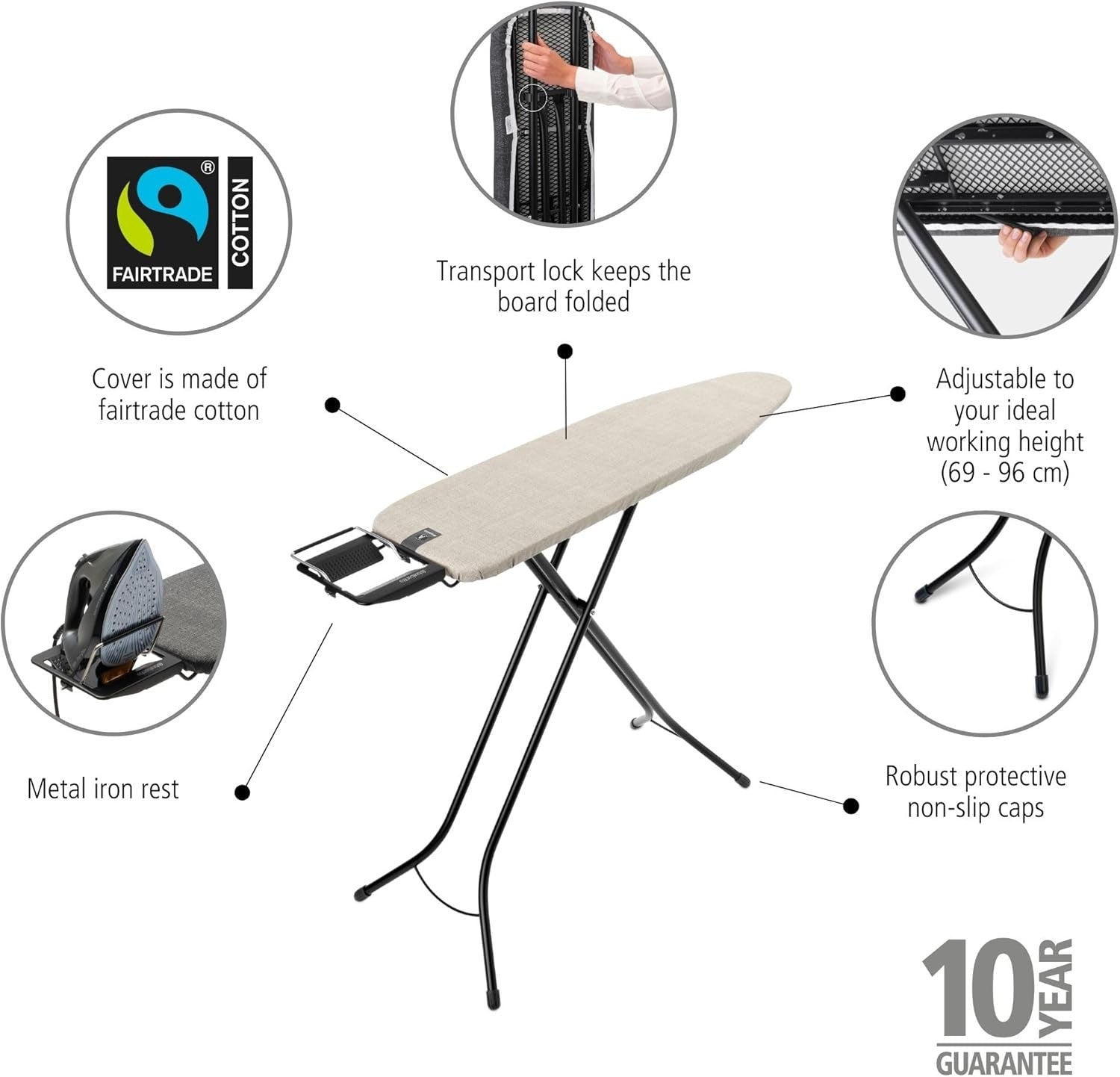 Compact Ironing Board 110x30cm Adjustable Height Stable Steam Iron Rest