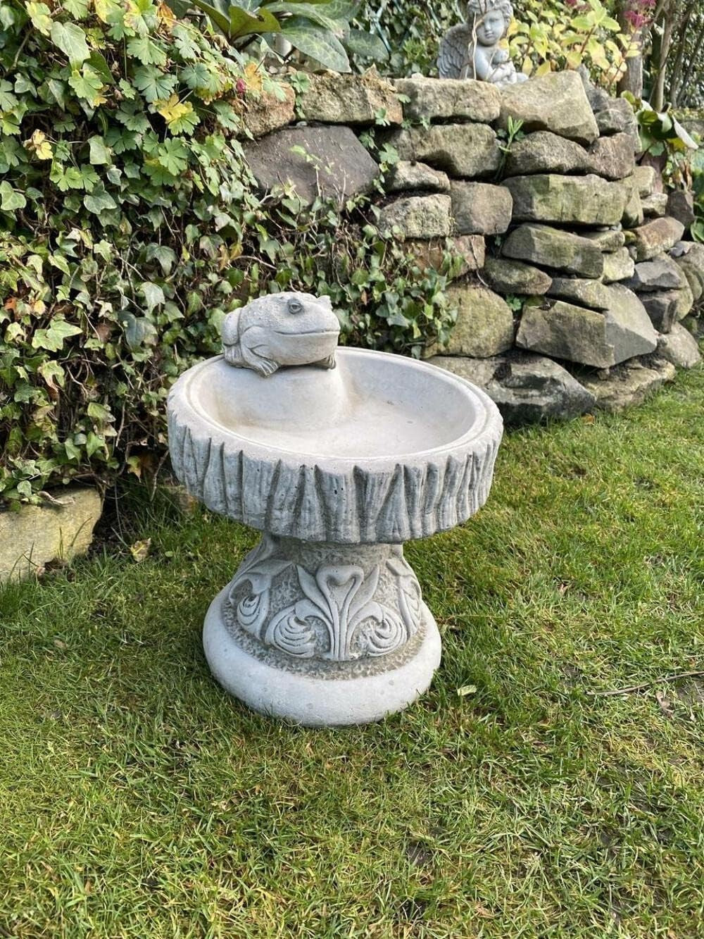 Round Stone Bird Bath with Frog | Hand Finished Garden Ornament Sculpture
