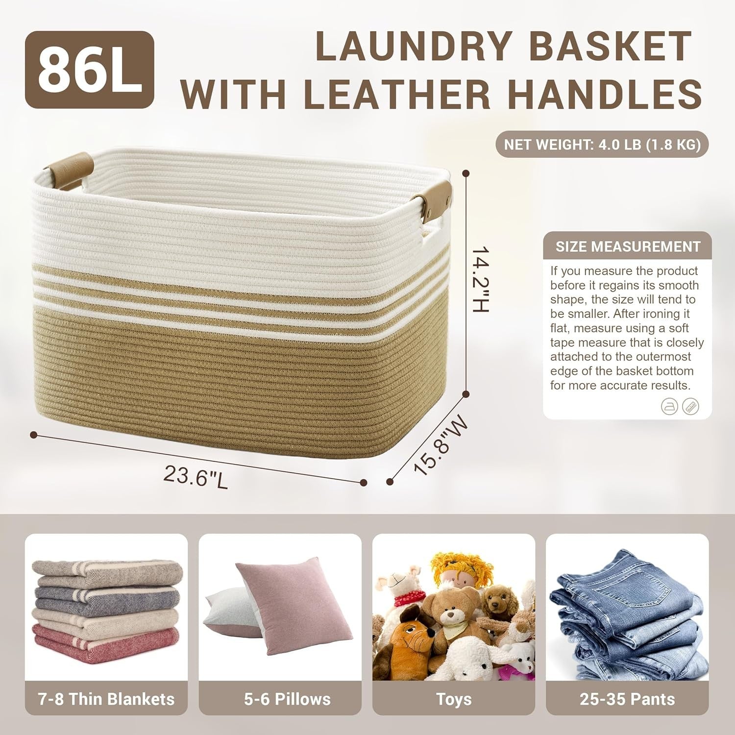 86L Large Woven Laundry Hamper with Leather Handles, Blanket & Clothes Storage –