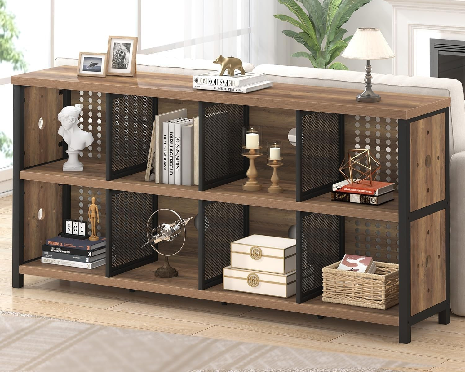 Rustic Oak 8 Cube Wooden Bookcase Storage Cabinet Industrial Style 160x34x76cm