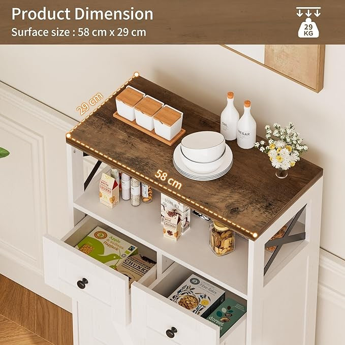 Modern White Sideboard Cabinet with 2 Drawers & Open Shelf 108x35x79cm