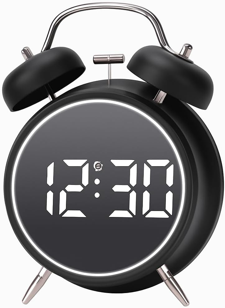 Digital Twin Bell Alarm Clock Loud Wake Up LED Night Light Heavy Sleepers