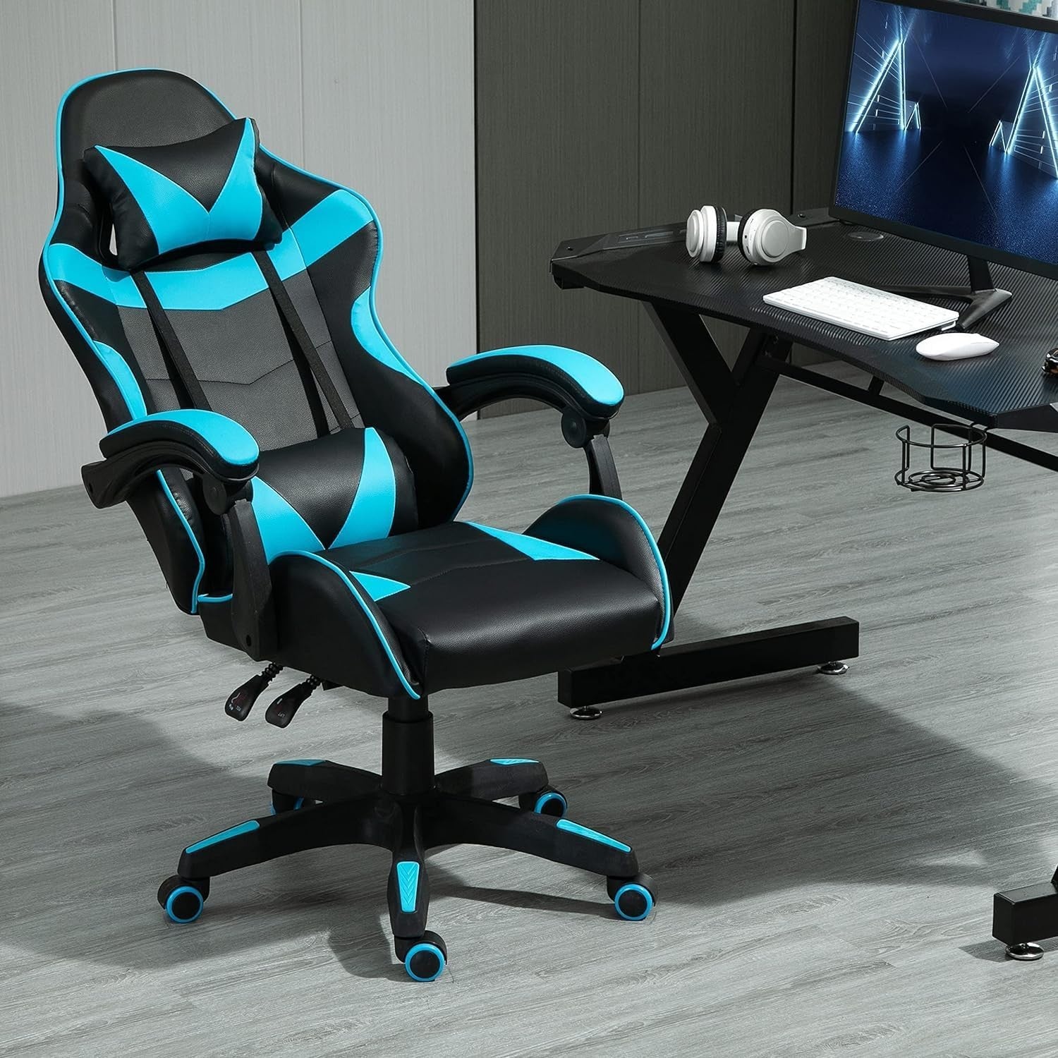 Reclining Gaming Chair Faux Leather w/ Lumbar Headrest Blue