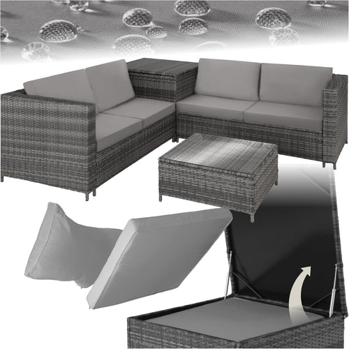 Grey Rattan Garden Sofa Set with Thick Cushions & Storage Box - Patio Outdoor