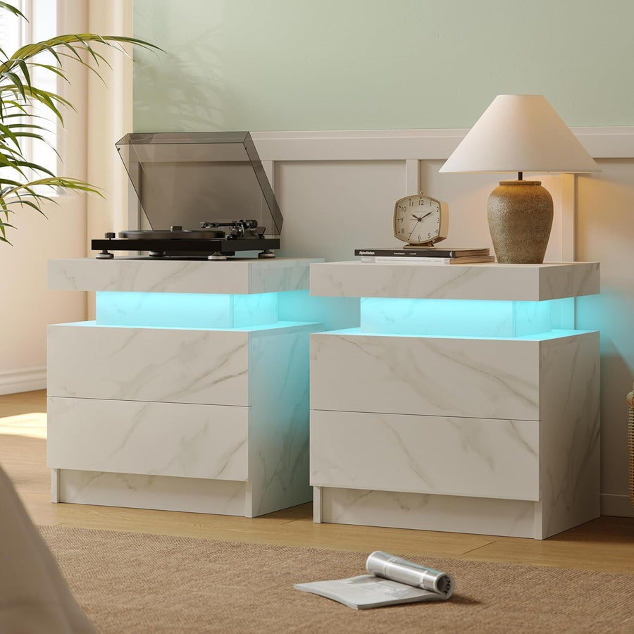 Modern LED Bedside Tables with 2 Drawers Marble White Set of 2 Nightstands