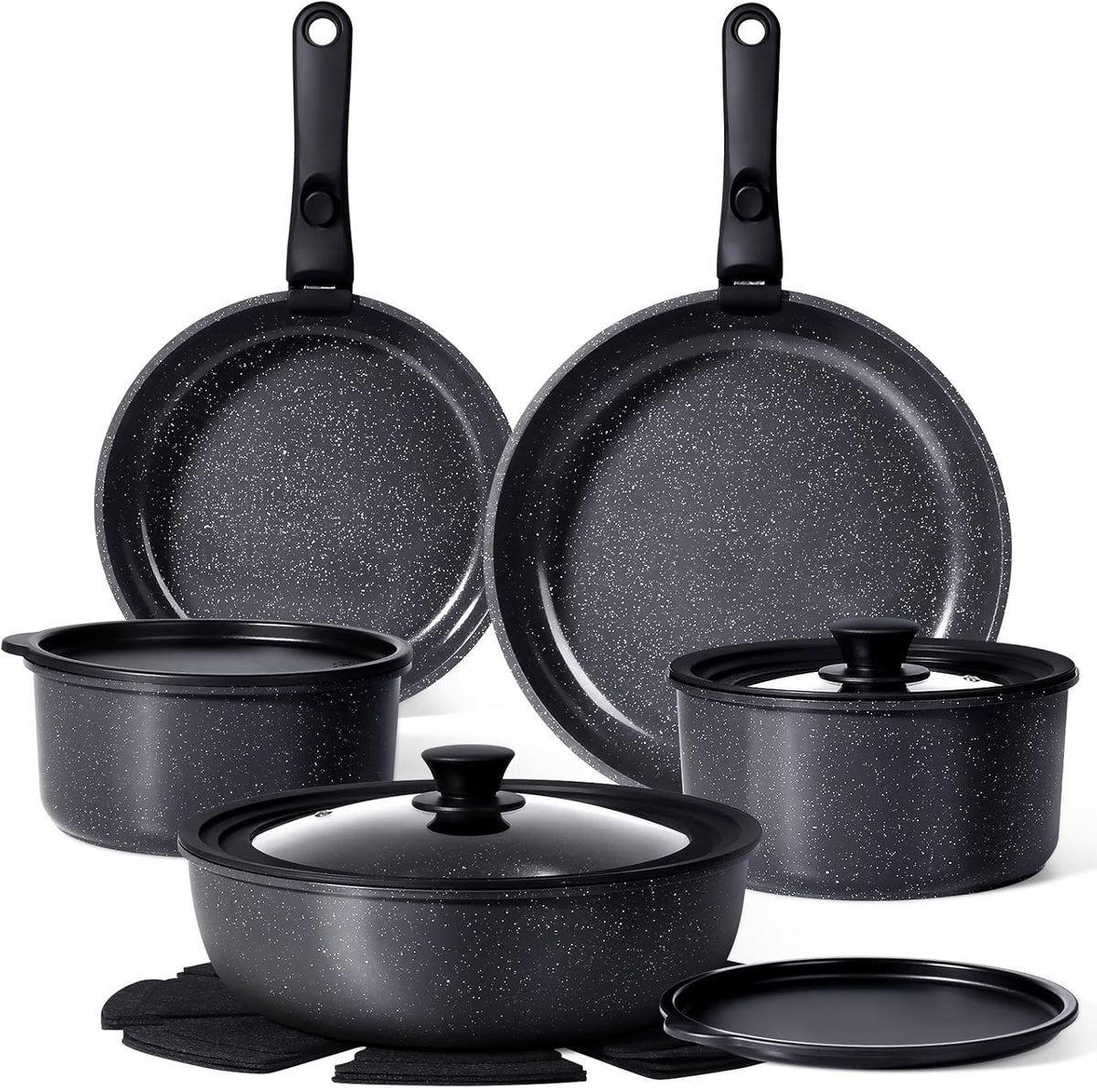 15Pcs Black Plus Ceramic Non Stick Cookware Set with Detachable Handle