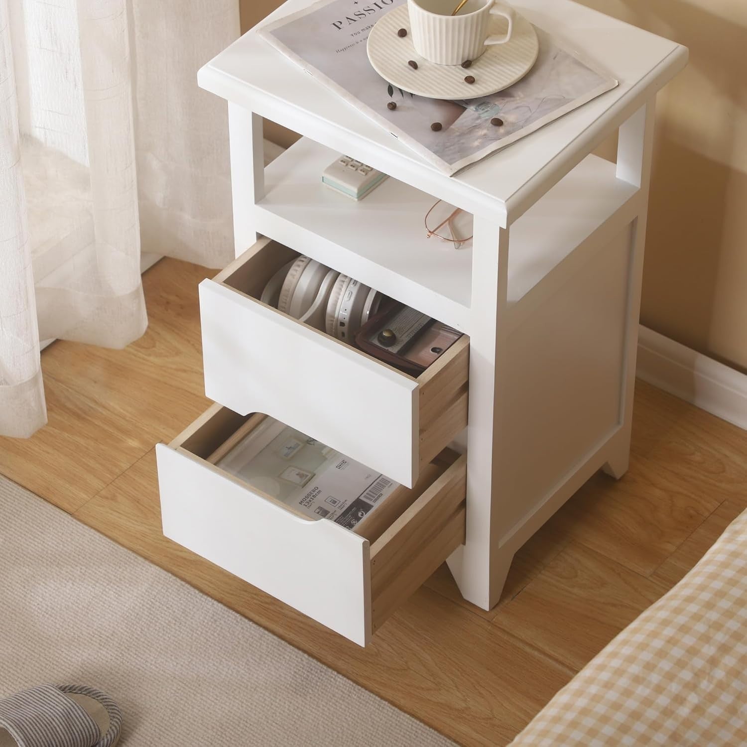 White Bedside Table with Drawer & Open Shelf | Fully Assembled Wooden Nightstand