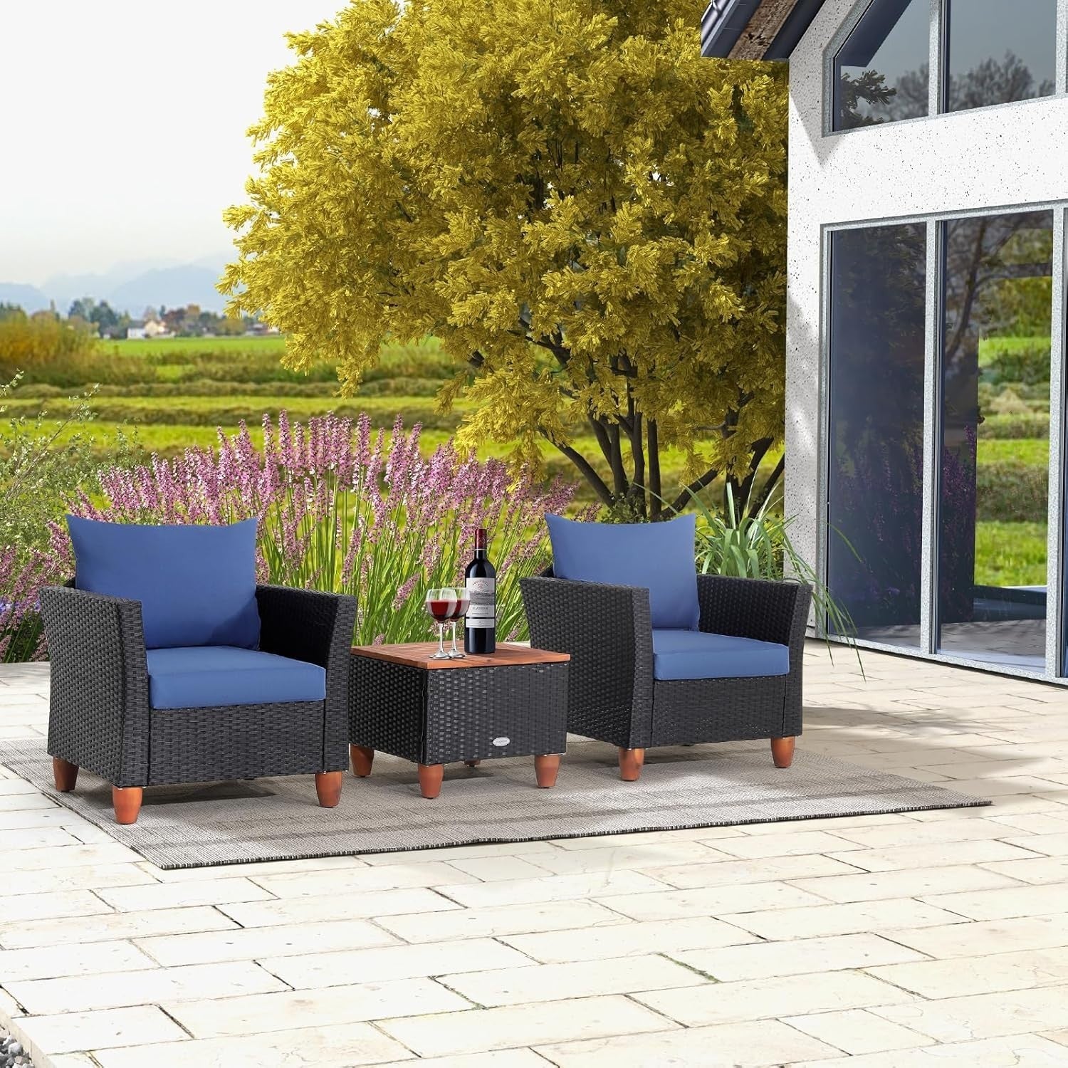 3 Piece Rattan Bistro Set with Storage Table Garden Patio Chairs Cushions