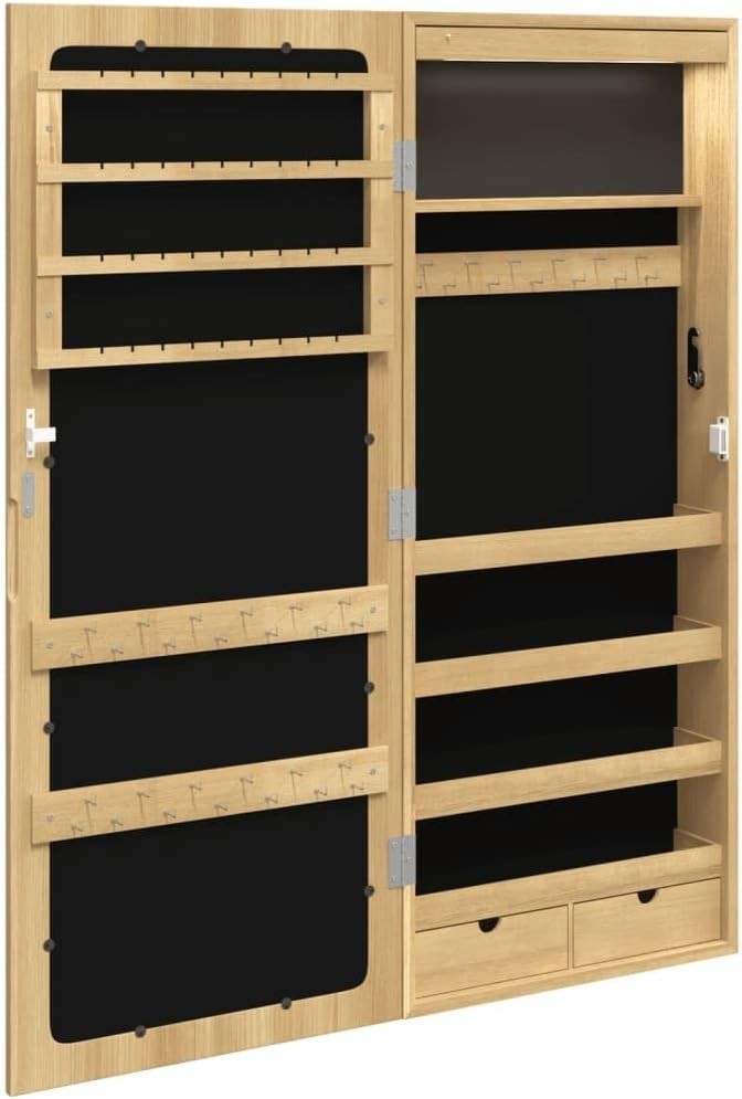 LED Wall Mounted Jewelry Cabinet Mirror Lockable Slim Storage Brown