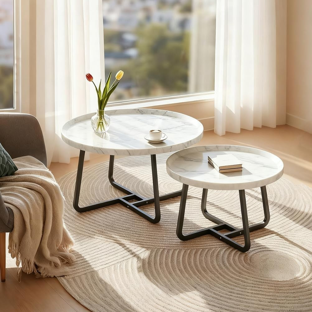Square Coffee Table Set of 2 White Nesting Side Tables Carbon Steel Frame