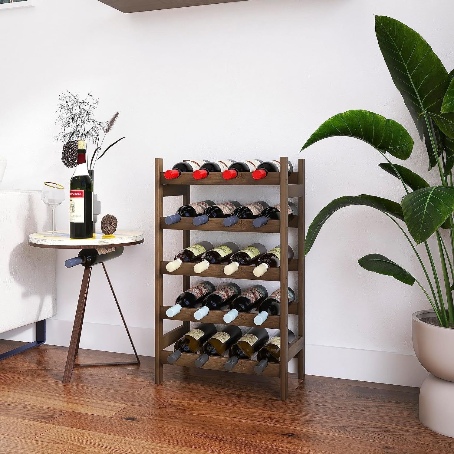 5 Tier Wooden Wine Rack 20 Bottle Free Standing Storage Shelf Walnut Kitchen Bar