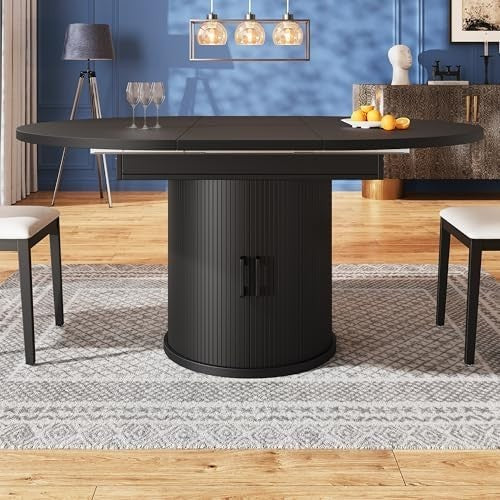 Extendable Round Dining Table Black Storage 118-158cm Oval