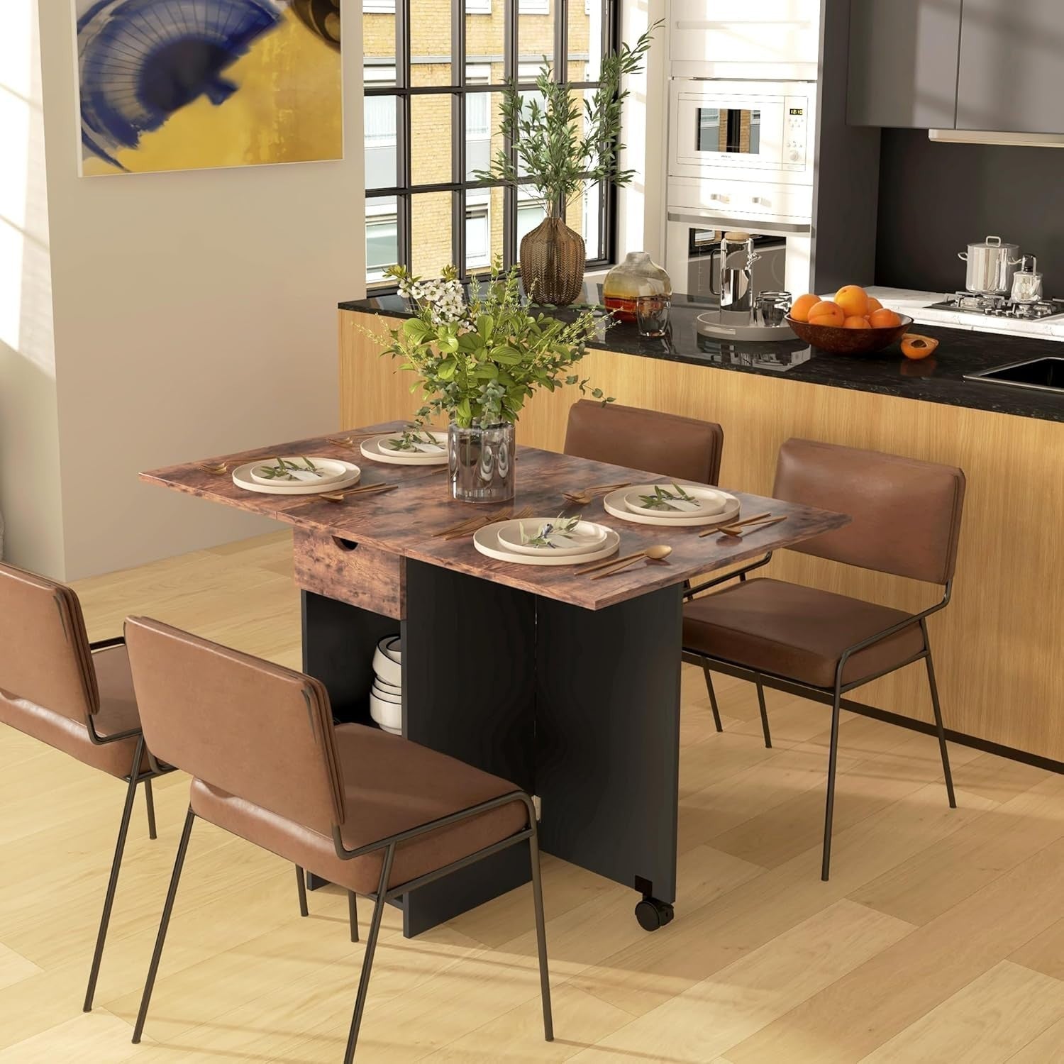 Folding Drop Leaf Dining Table with Drawer Shelves Rustic Brown Space Saver
