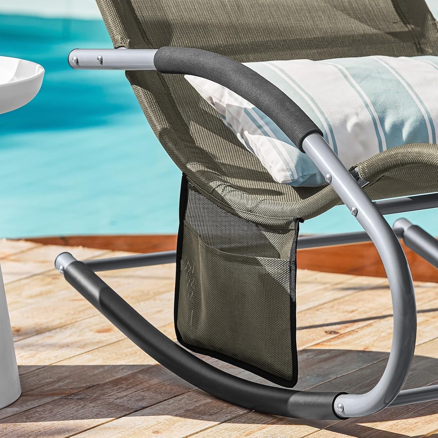 Outdoor Garden Recliner Chair with Cushioned Pillow, Side Pocket & Rocking