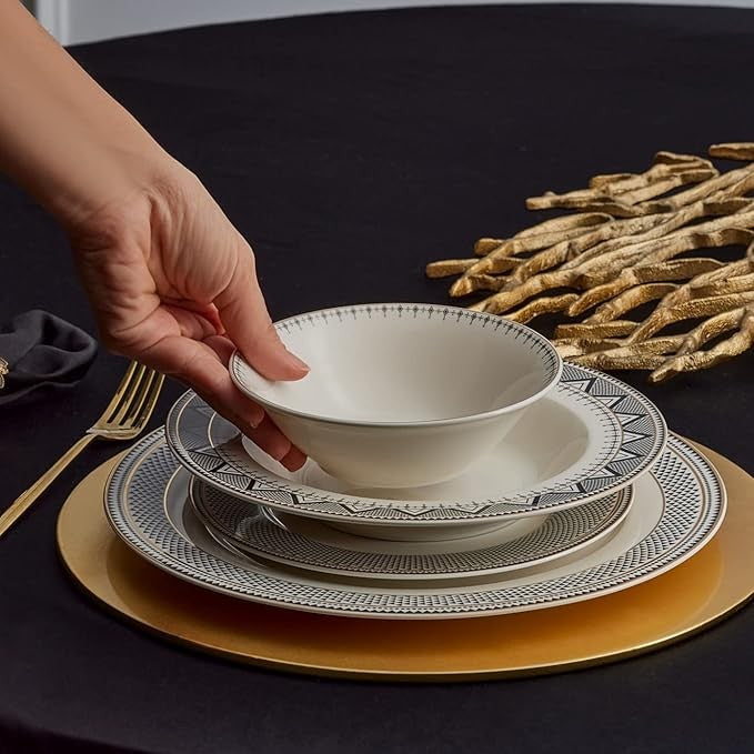 24 Piece Porcelain Dinner Set for 6 Plates Bowls White Gold Rim