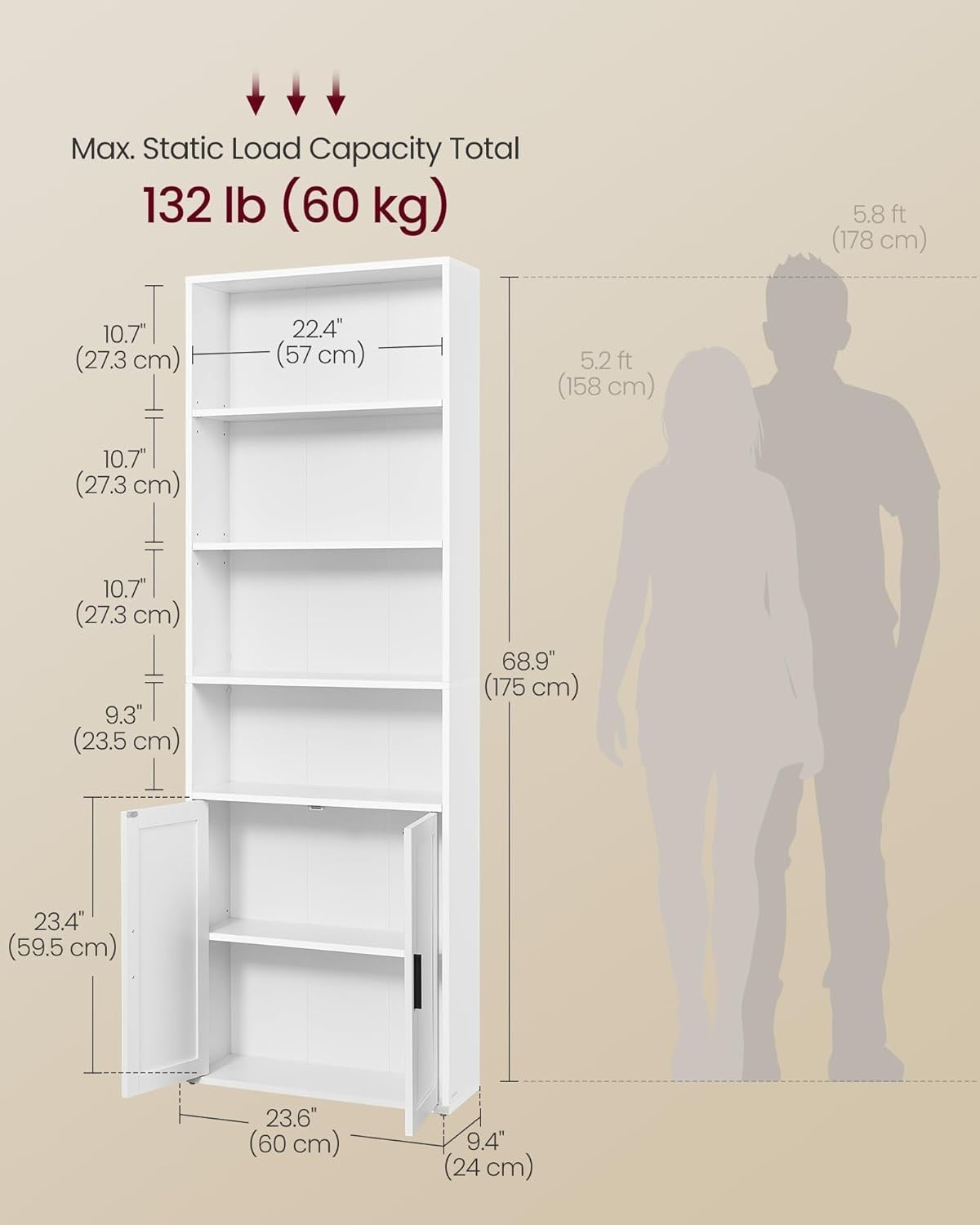 6-Tier White Bookshelf with Doors, Adjustable Shelves, 24x60x175 cm Storage Unit