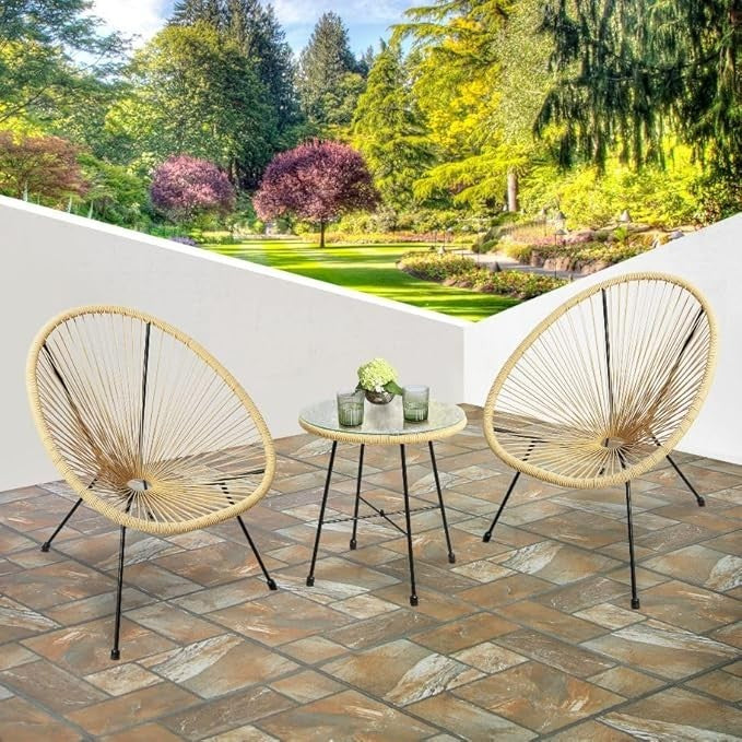 Outdoor Bistro Egg Chair Set with Table – Rattan Style, Retro Garden Furniture