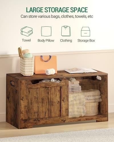 Rustic Brown Lift-Top Storage Bench with Shoe Organizer & Wooden Trunk